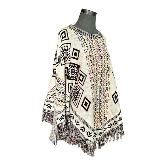 Women's Geometric Tribal Aztec Rainbow Fringe Poncho Tan Knit One Size Excellent - Picture 2 of 4